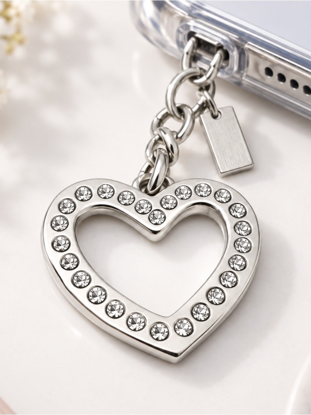 Coach Silver-Tone Rhinestone Heart Phone Charm